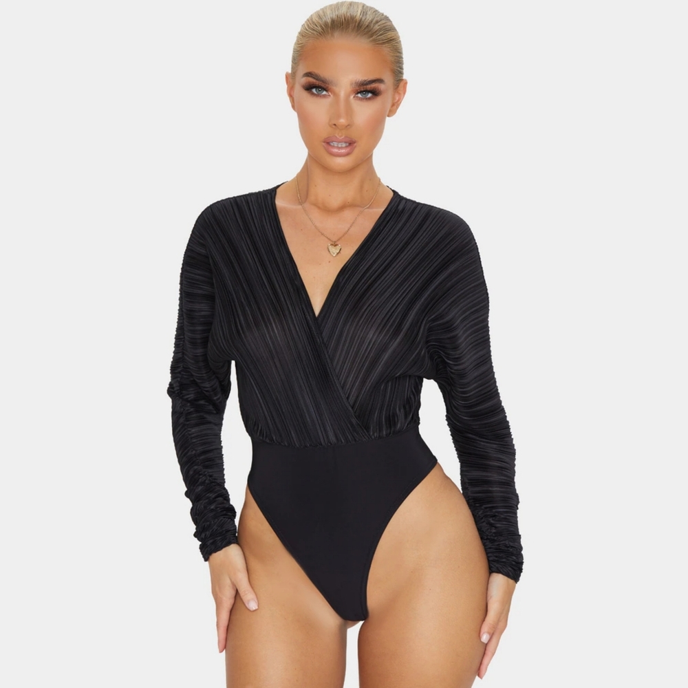 Black Plisse Deep Plunge Long Sleeve Bodysuit